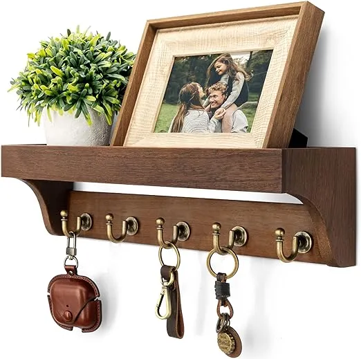 Rebee Vision Decorative Key Holder for Wall with Shelf: Farmhouse Mail Rack with 5 Sturdy Key Hooks for Home Decor, Apartment, Entryway and Hallway (Light Brown)