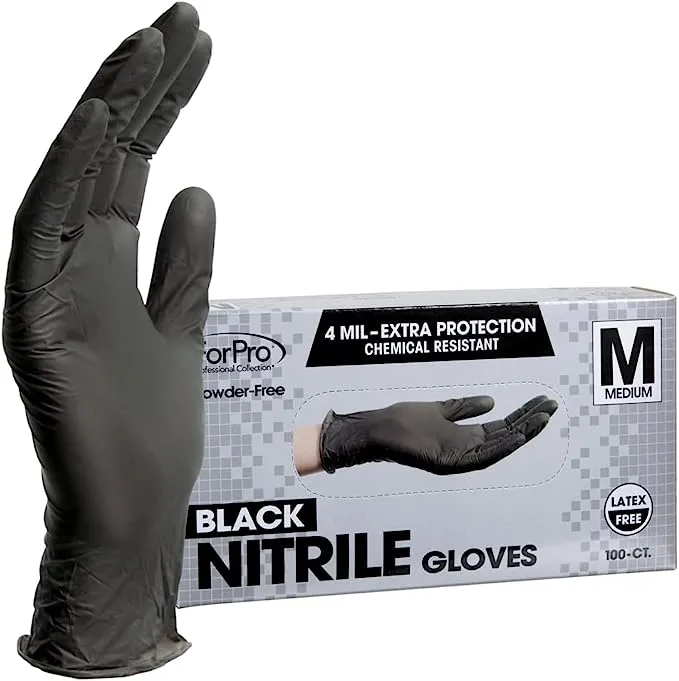 ForPro Disposable Nitrile Gloves, Chemical Resistant, Powder-Free, Latex-Free, Non-Sterile, Food Safe, 4 Mil, Black, Medium, 100-Count