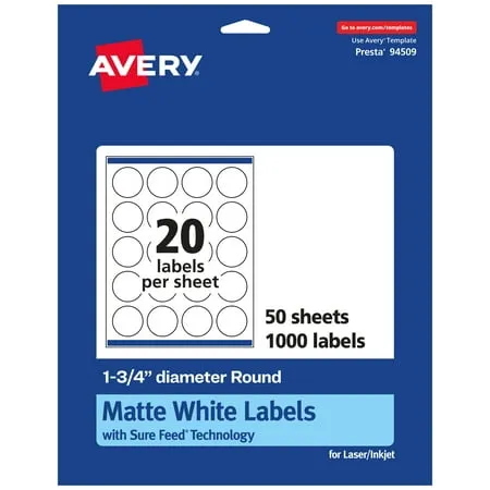 Avery Matte White Round Labels with Sure Feed, 1.75 inch Diameter, 1,000 Matte White Printable Labels, Size: 1.75 Diameter