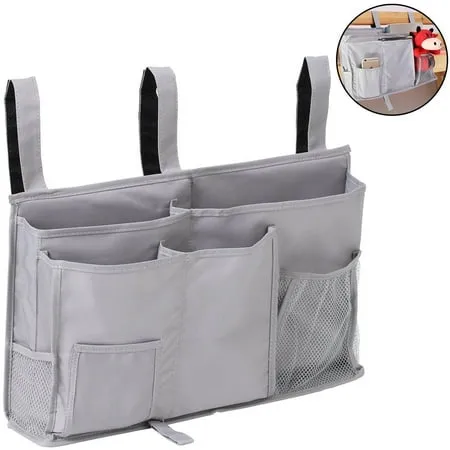 Bedside Caddy Hanging Storage Bag Organizer Holder with 8 Pockets for Bunk Dorm Rooms and Hospital Bed Rails Grey