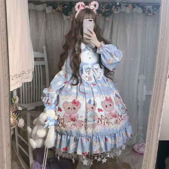 Teen Girls Japanese Kawaii Lolita Costume Plush Cute Bear Suspender Dress Sweet High Waist Princess Party Dresses