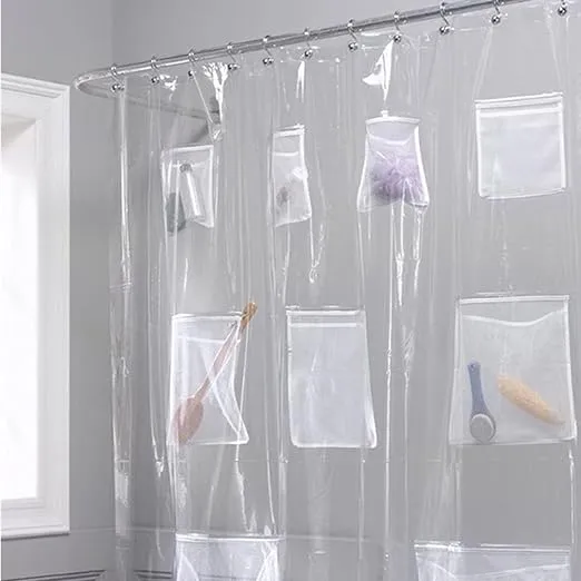 Waterproof Fabric Shower Curtain Or Liner With 9 Storage Pockets Bathroom Shower