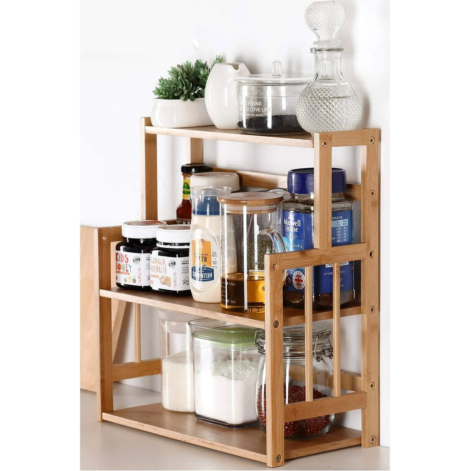 Bamboo Spice Rack Storage Shelves3 Tier Standing Pantry Shelf For Kitchen Counte