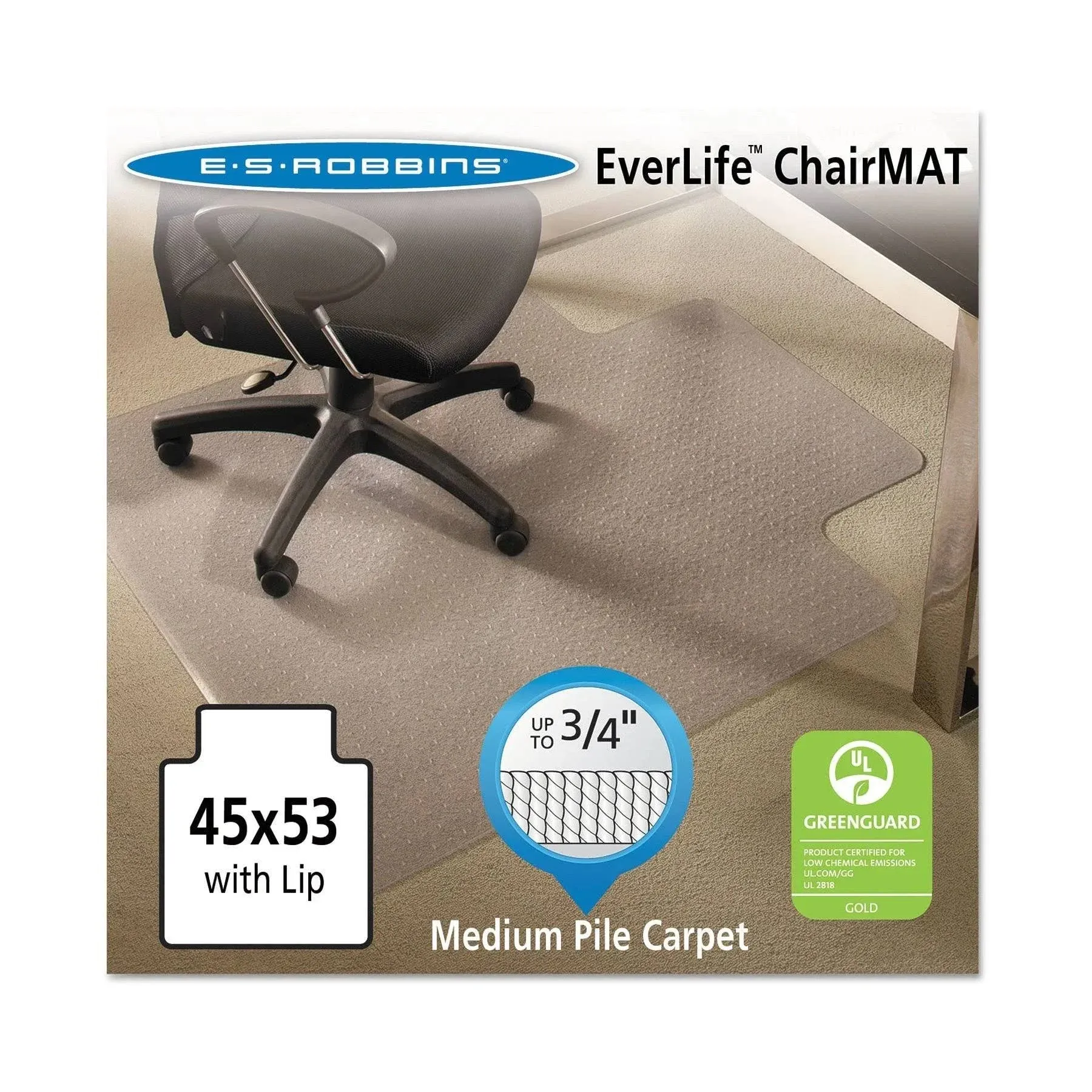 ES Robbins - Everlife Chair Mats for Medium Pile Carpet with Lip, 45 x 53, Clear