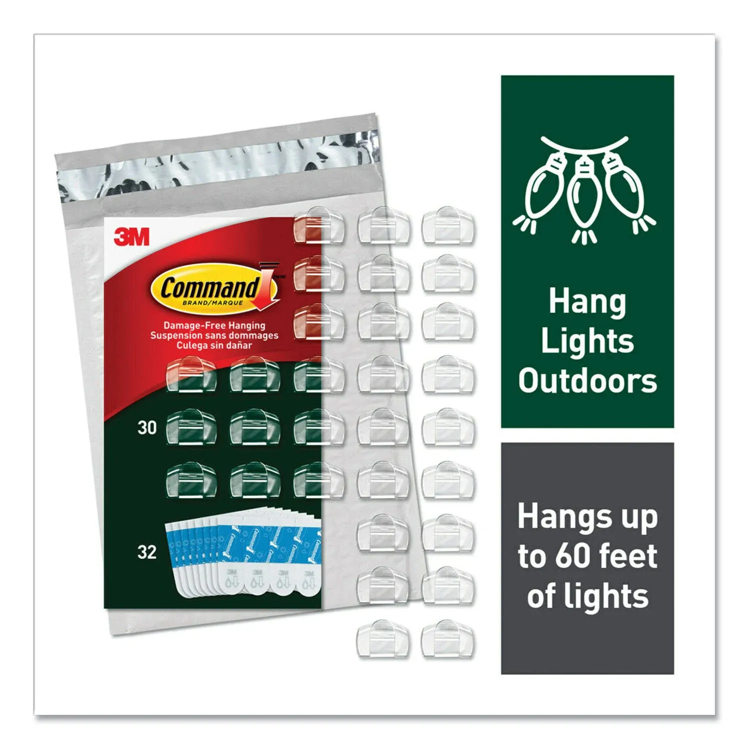 Command™ Outdoor Light Clips with Foam Strips, Clear, 30/Pack (17017CLRAW30NA)