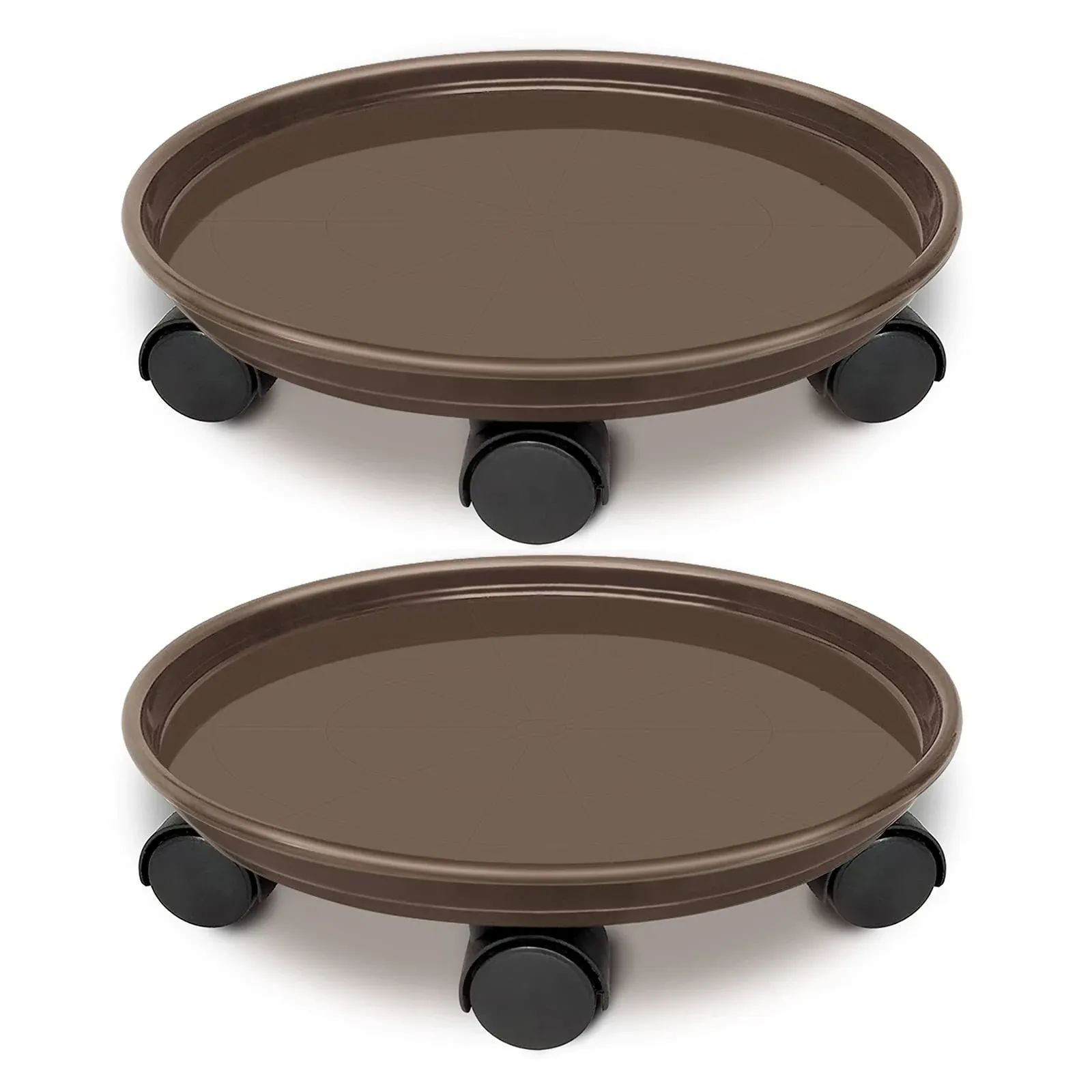 2 Pack of 14 inch Rolling Plant Pallet Caddy with 5 Wheels, Round Flower Pot Mover, Indoor Rolling Planter Dolly on Wheels, Outdoor Planter Trolley Tray Coaster, Brown