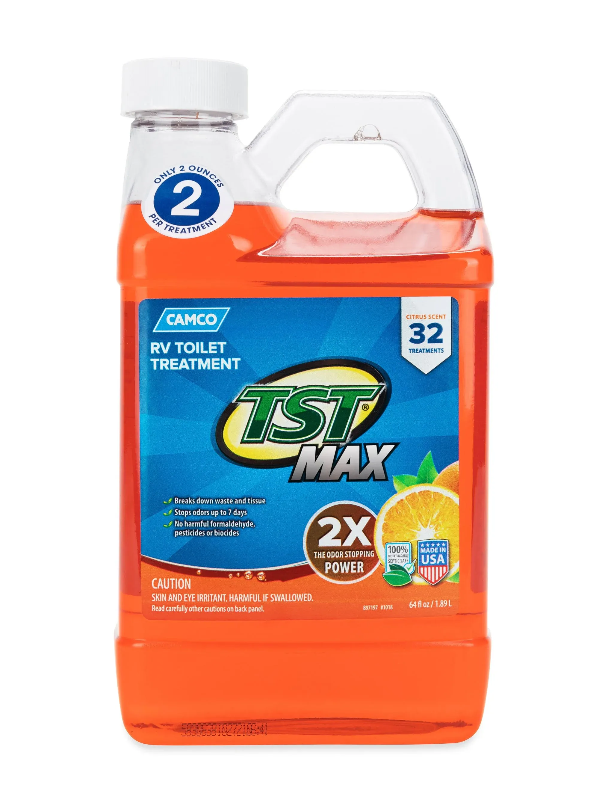 Camco TST MAX RV Toilet Treatment | Features a Biodegradable Septic Safe Formula and Orange Citrus Scent | Ideal for Camping, Boating, and More | 64oz. (41195)