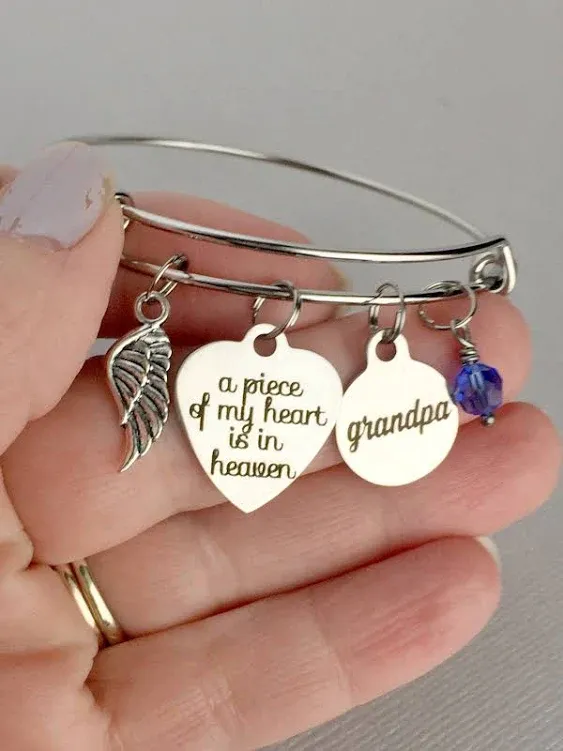 FLYOW S925 Sterling Silver A Piece of My Heart is in Heaven Bracelet Angel Wings Jewelry in Memory of Mom Dad Grandma Grandpa Daughter Son Loss Memorial Gift