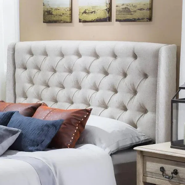 Noble House Ashley Full/Queen Wingback Tufted Beige Fabric Headboard