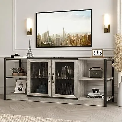 Amyove TV Stand for 65+ Inch TV, Industrial Entertainment Center TV Media Console Table, Farmhouse TV Stand with Storage, Mesh Door and Shelves, Gray TV Console Cabinet Furniture for Living Room