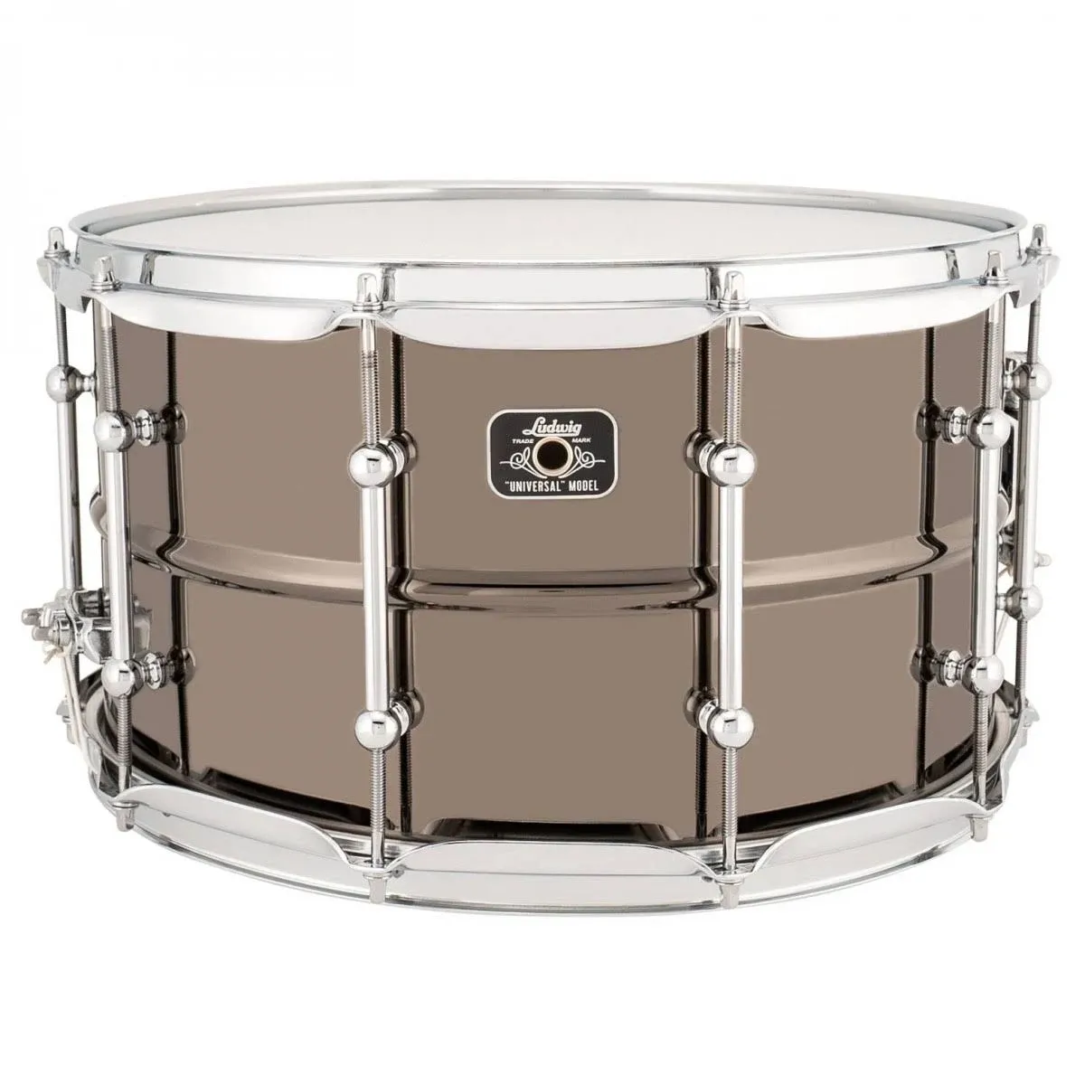 Ludwig LU0814C Universal Brass Snare Drum, Black Nickel with Chrome Hoops, 8"x 14"