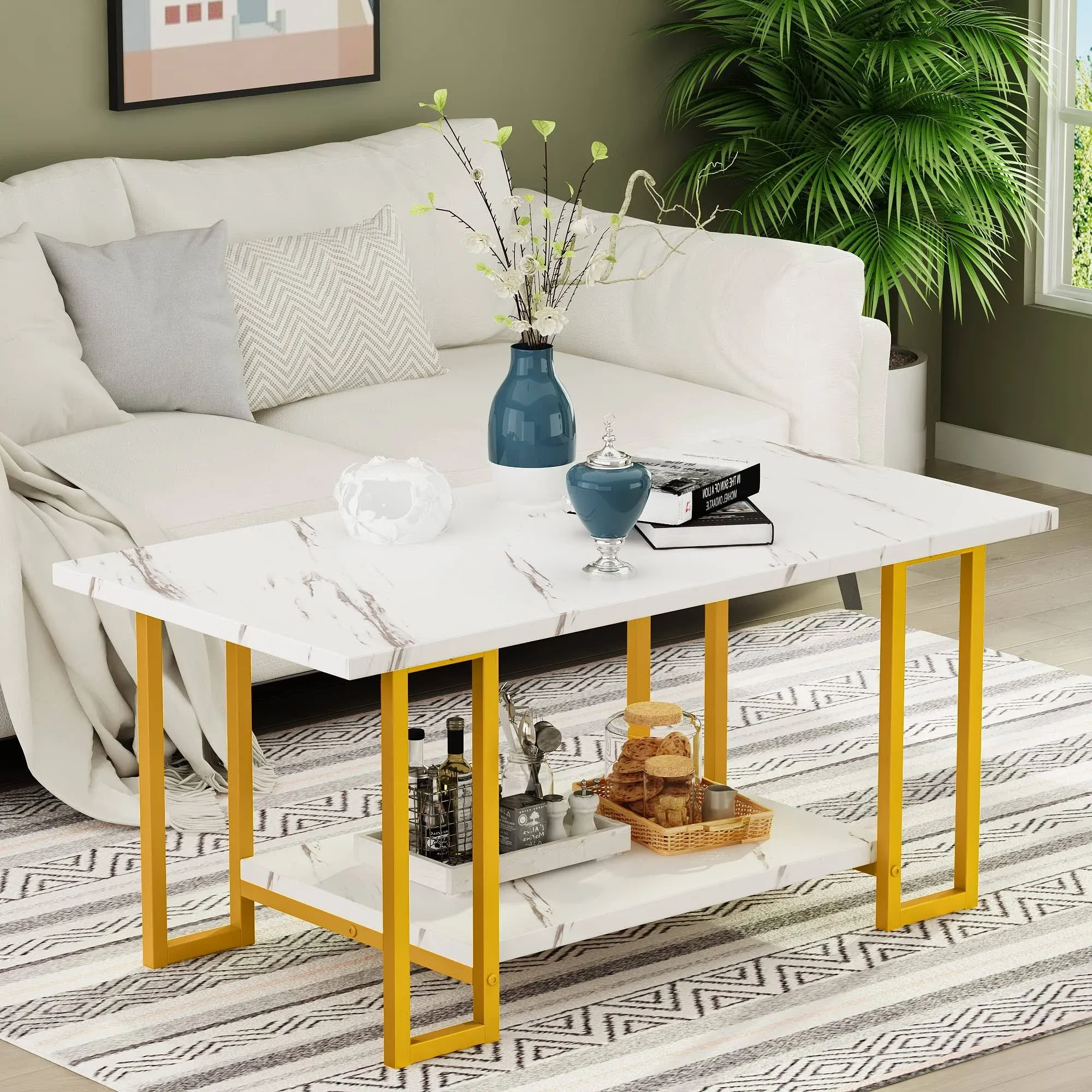 AWQM Marble Coffee Table, Faux Marble Top Rectangular Coffee Table with Gold ...