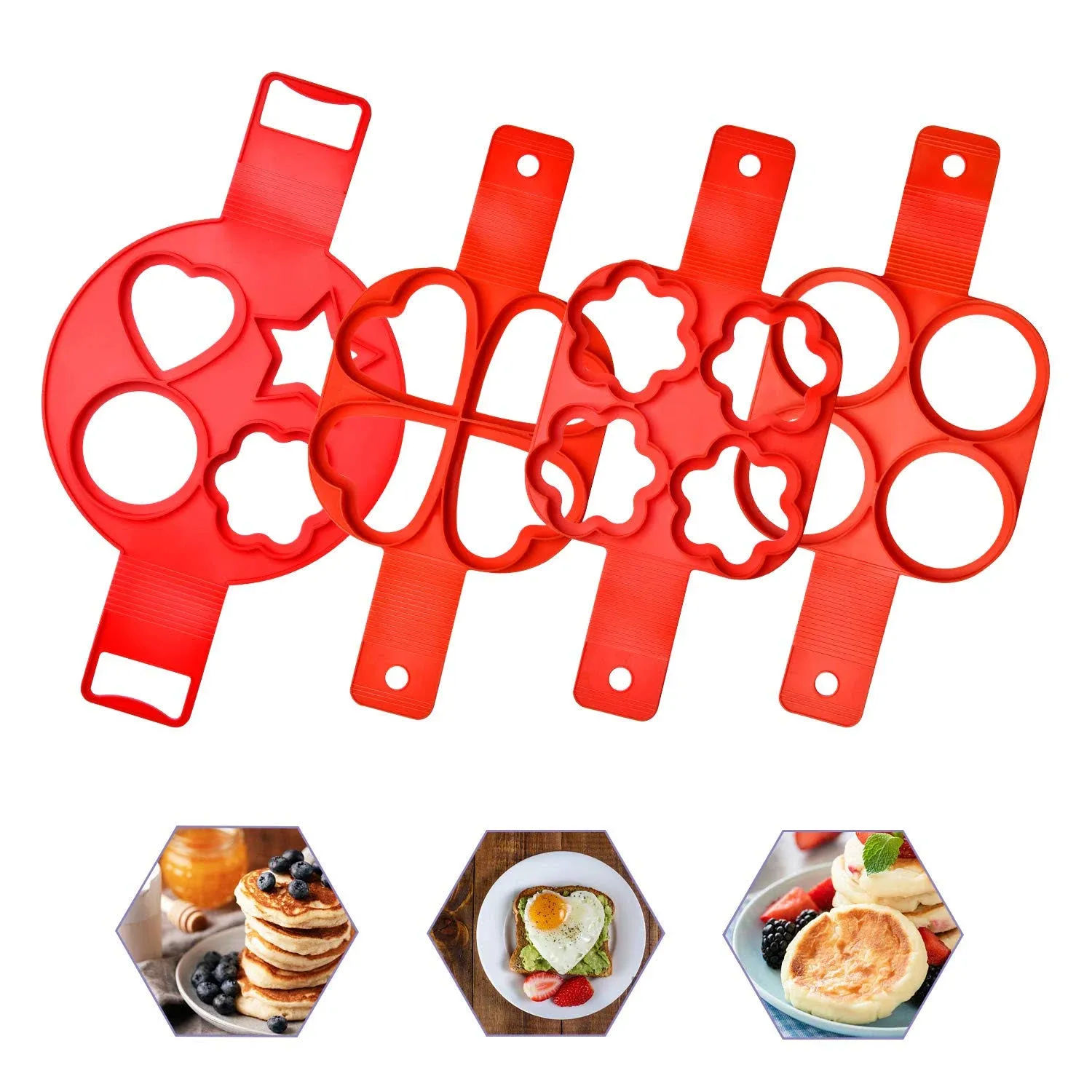 Pancake Making Mold Akamino Fried Egg Mold Reusable Silicone Pancake Maker with 4 Cavity (Heart Round Star) - 4 Pieces