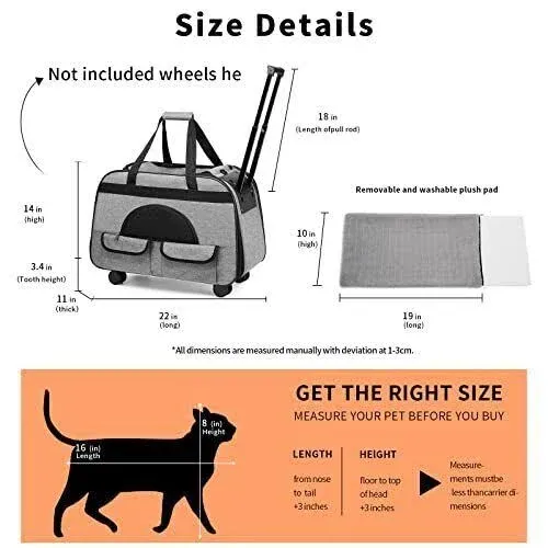 Large Rolling Cat Carrier With On Wheels, Small Dog Pet Car Travel