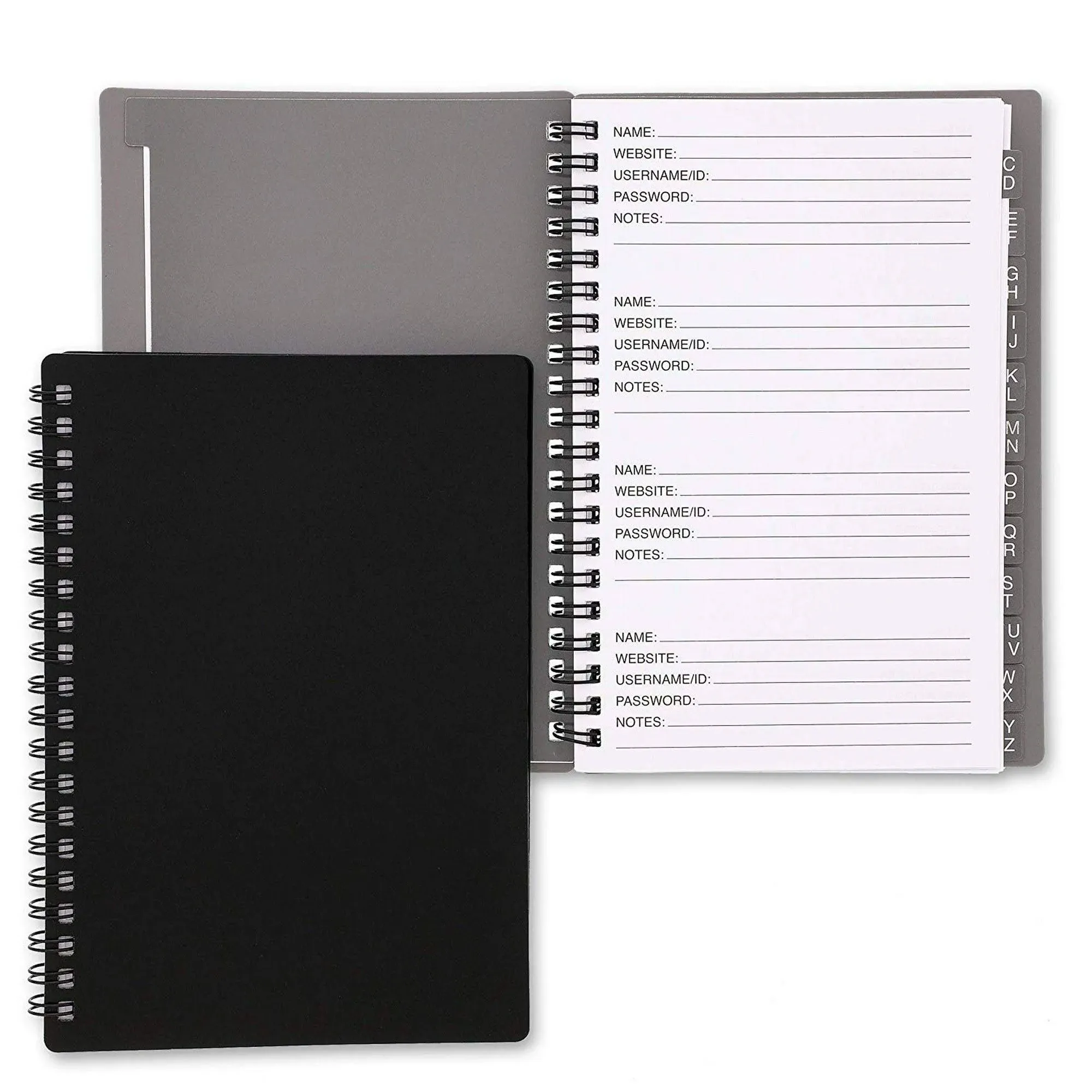 Juvale 2-Pack Spiral Password Keeper Book with Alphabetical Tabs, Password Notebook for Internet and Computer Login, Username, Passwords for Home, Office, Gray/Black (80 Lined Pages, 5x7 in)