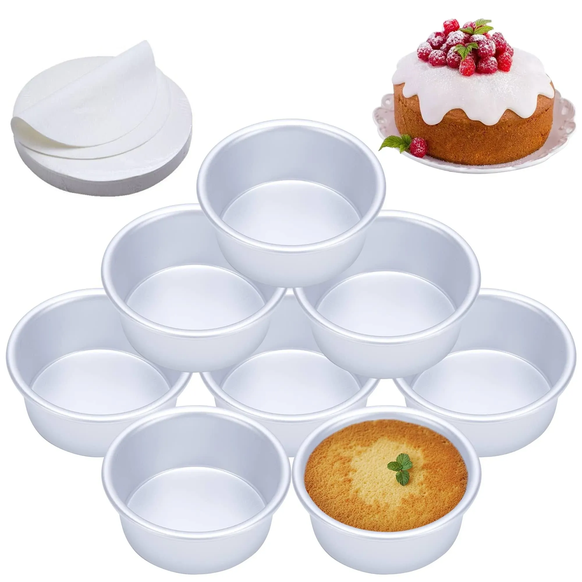 AWTBDP 4 inch Cake Pan, Set of 8, Anodized Aluminum Round Pans with 100 Pcs ...