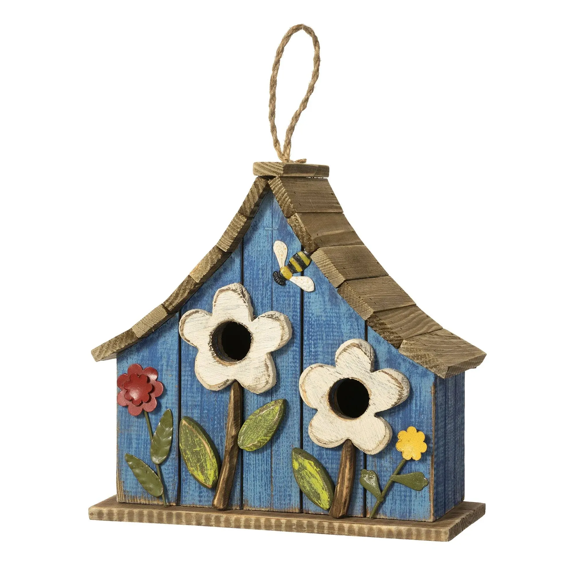 Glitzhome Distressed Solid Wood Birdhouse with 3D Flowers