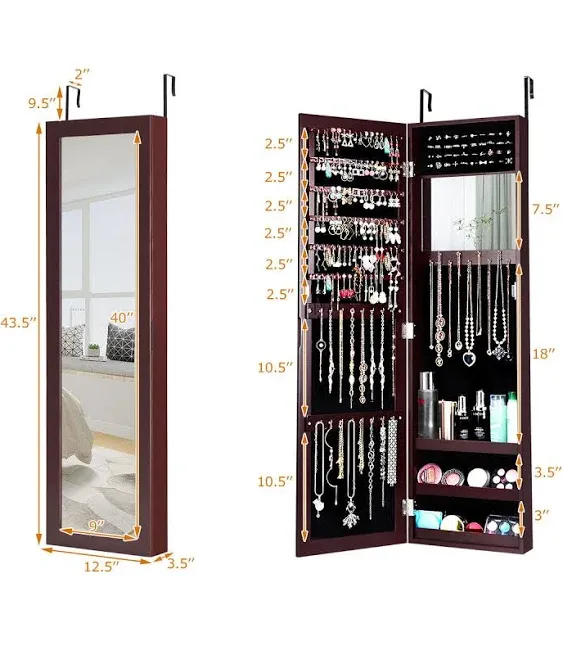 Wall and Door Mounted Jewelry Box Cabinet Lockable Storage Organizer with Frameless Mirror