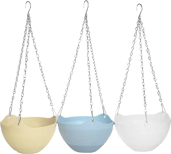 MyGift Hanging Planter Self-Watering Indoor Pots with Drainage Hole, 3 Pack Hanging Plant Container with Metal Chain (Blue/Yellow/White)