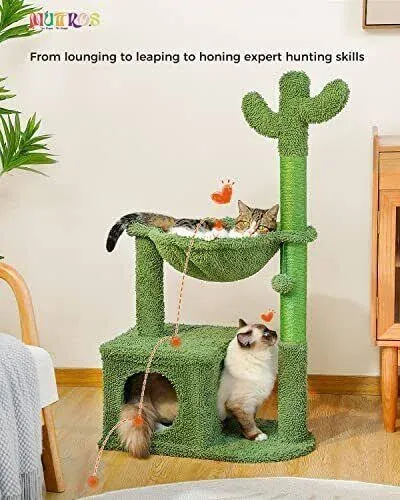  Cactus Cat Tree 40&#034; Cat Tower with Large Metal Carpet Condo &amp; Hammock Green