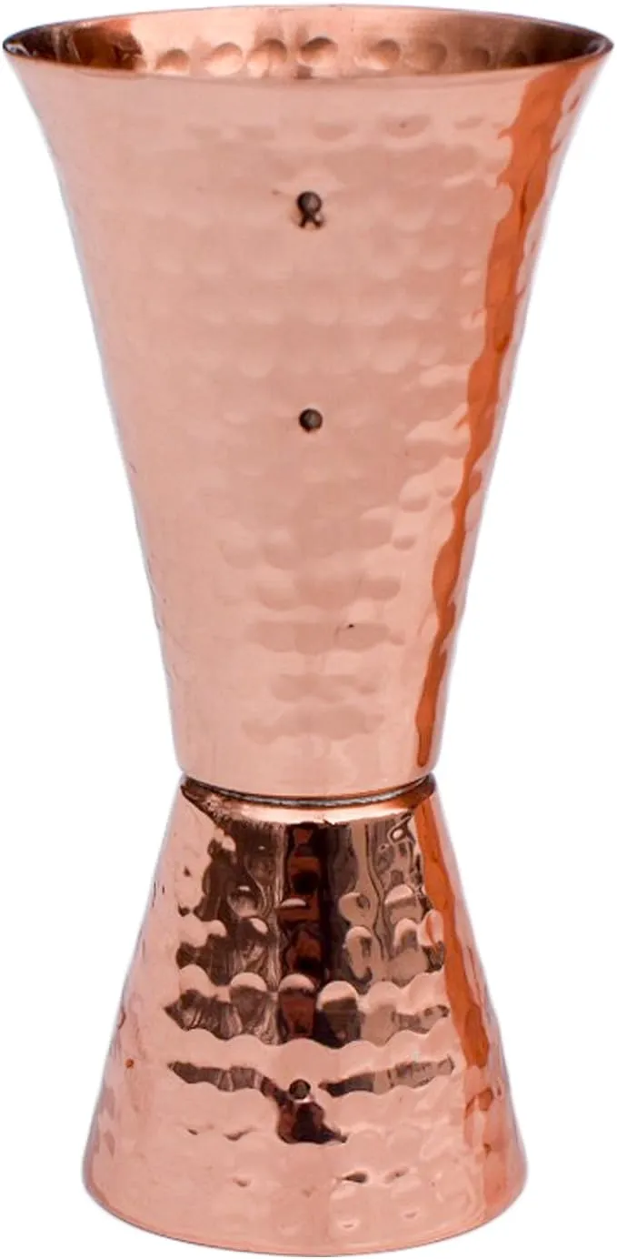 Prince of Scots Premium Hammered Pure Solid Copper Double Side Jigger, 1 ounce and 2 ounce Cups with 5 marks for measurement