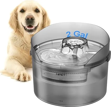 NPET DF30 Dog Water Fountain, 2 Gallon/270oz/8L Large Automatic Dog Water Bowl Dispenser, Pet Water Fountain with Splatter Guard, Cleaning Kit for Large Dogs & Multiple Pets