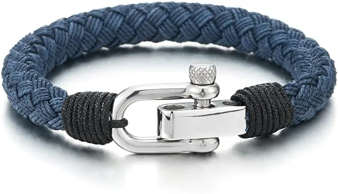 Braided Cotton Rope Stainless Steel Nautical Screw Anchor Shackle Wrap Bracelet | Unisex | Large Blue