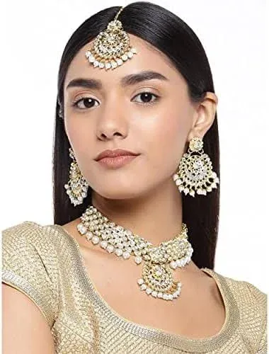 Aheli Elegant Wedding Party Wear Faux Kundan Studded Short Necklace Earrings with Maang Tikka Set Indian Ethnic Bollywood Fashion Jewelry Gift for Women