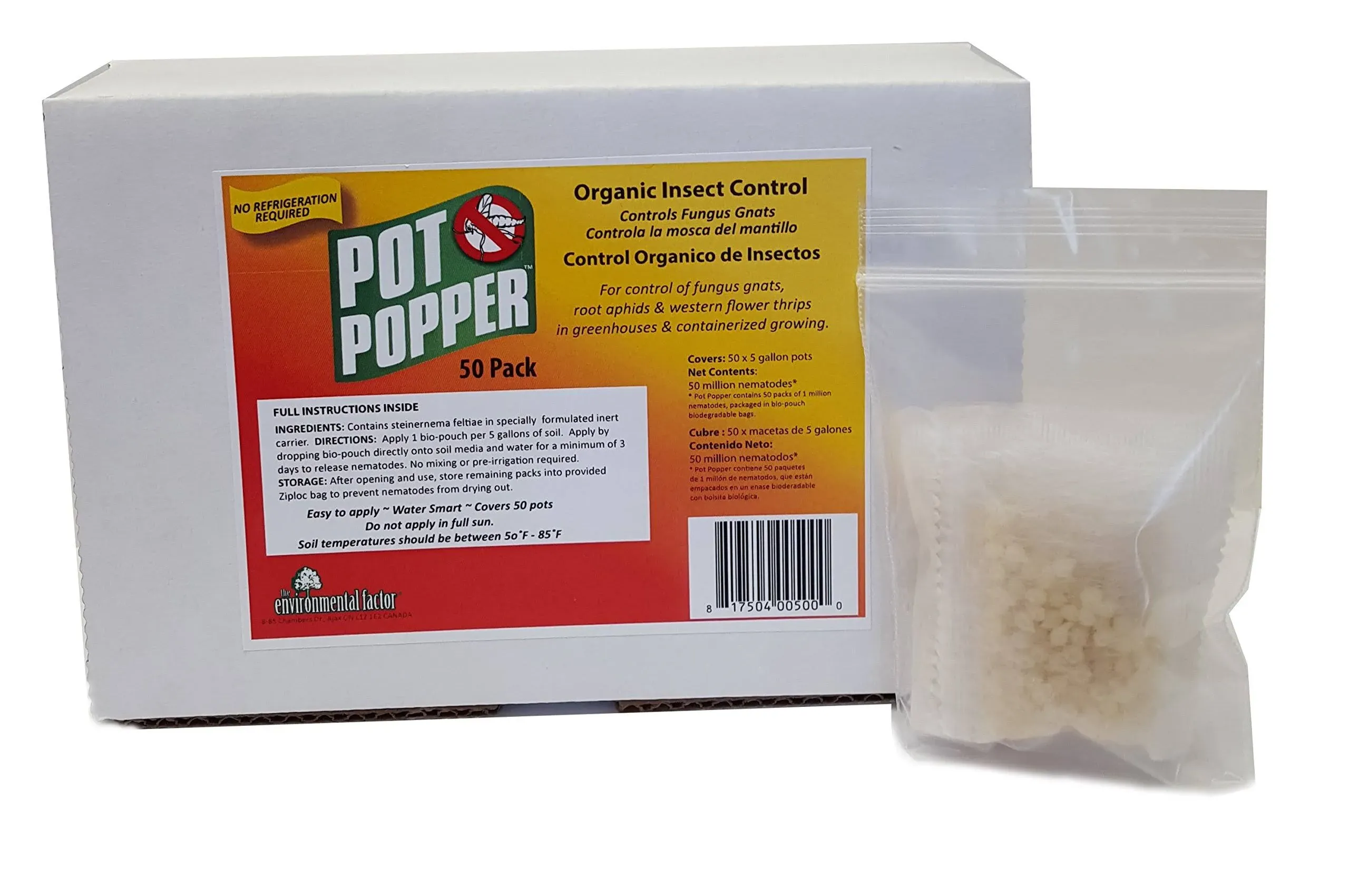 The Environmental Factor Pot Popper Organic Insect Control, Controls Fungus Gnats, Million Beneficial Nematodes (S.Feltiae) Pot Popper Gnat & Thrip Control (50 Pouches per Pack)