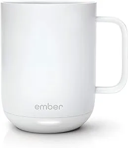 Ember Temperature Control Smart Mug 2, 10 oz, White | 1.5-hr Battery Life | App Controlled Heated Coffee Mug | Improved Design with Clear Splash-Proof Sliding Lid and Signature Series Cloth