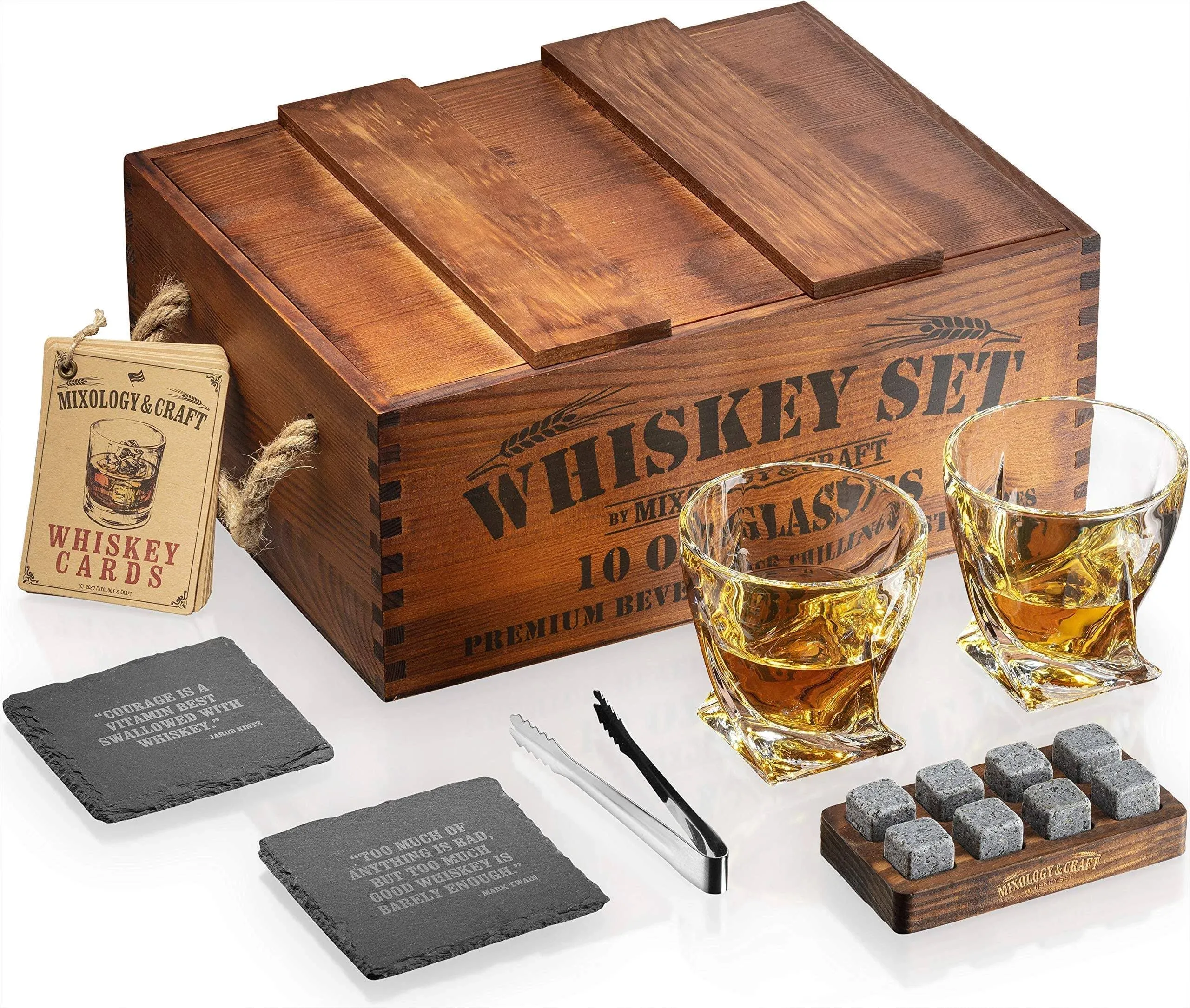 Mixology Whiskey Gift Set, Whiskey Glass Set with Rustic Wooden Crate, 8 Granite