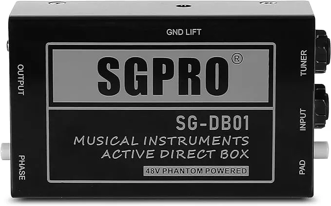 SGPRO Active Direct Box, Recording Signal DI Box for Musical Instruments as Guitar, Bass Guitar, and Keyboard Live Performance or Studio, 1/4" to XLR, Ground Lift 48V Phantom Powered Compact Unit