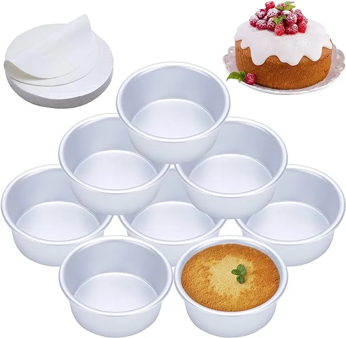 4 Inch Cake Pan Set of 8 Anodized Aluminum round Pans with 100 Pcs Parchment 