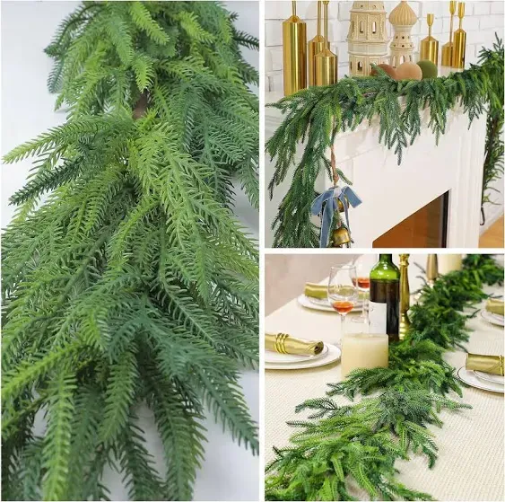 Jutom Christmas Garlands Norfolk Pine Garland Realistic Artificial Faux Greenery Garland Cedar Garland for Mantle Holiday Indoor Outdoor Fireplace Winter Christmas Decorations(2 Pcs,15 Feet)