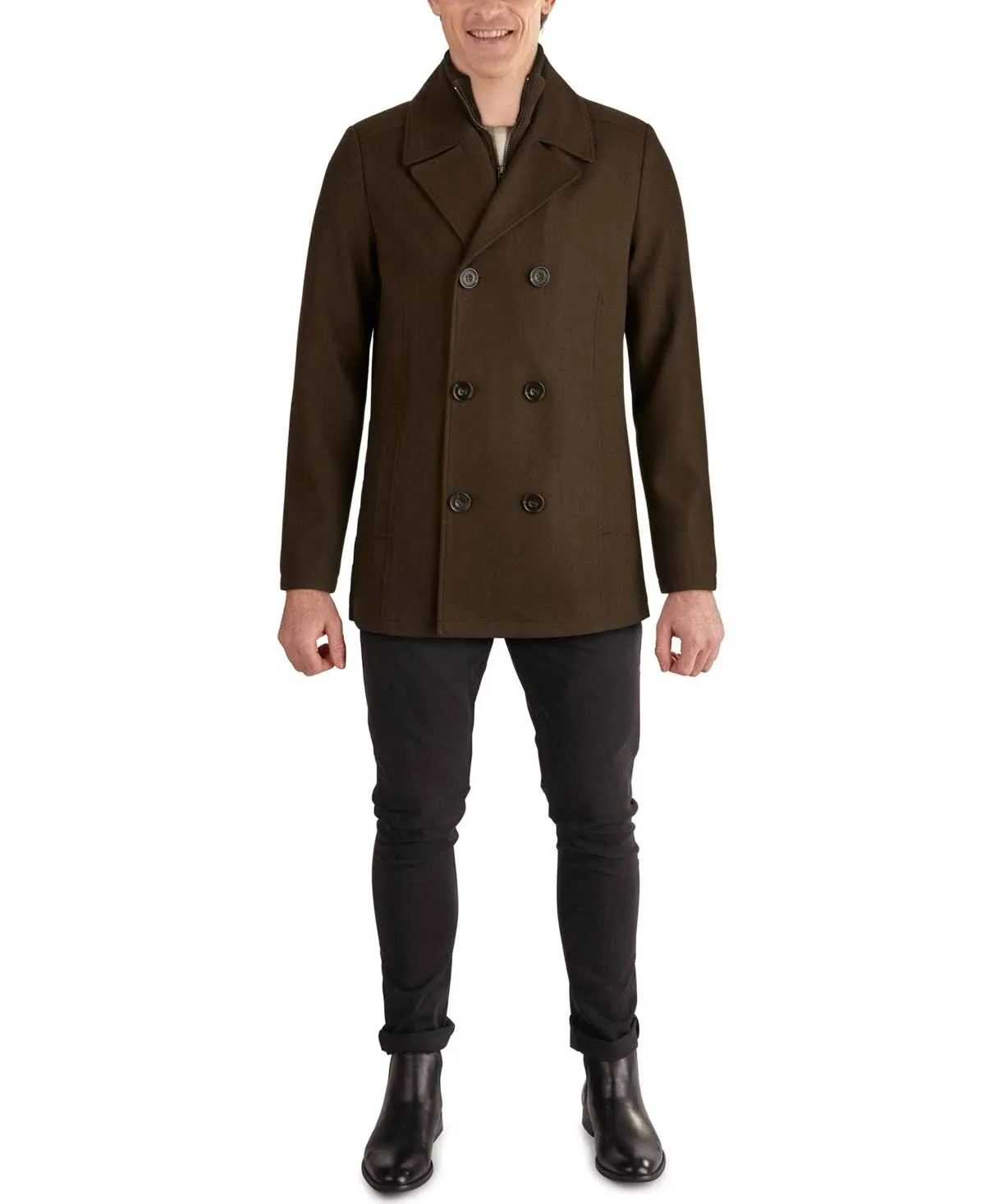 Kenneth Cole Men's Double Breasted Wool Blend Peacoat with Bib - Olive