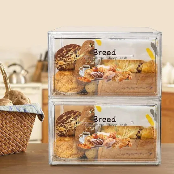 RISICULIS 2PCS Large Bread Box for Countertop, Stackable Double Layer Storage Container, Clear Boxes for Kitchen Counter, Bread Keeper for Homemade Bread, Bagel, Muffins, Rolls