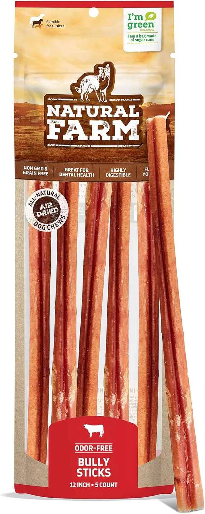 Natural Farm Odor-Free Bully Sticks (12 Inch, 12 Pack), 1.2 lbs. Per Bag, 100% Beef Pizzle Chews, Grass-Fed, Non-GMO, Fully Digestible Long Lasting Best Dental Treats to Keep Your Dogs Busy