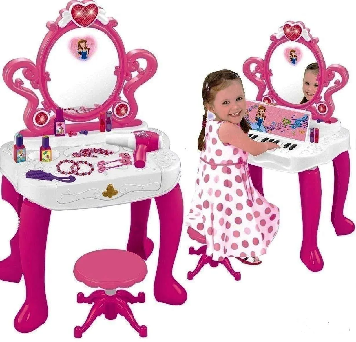 WolVol 2-in-1 Vanity Set Girls Toy Makeup Accessories with Working Piano &amp; Big -