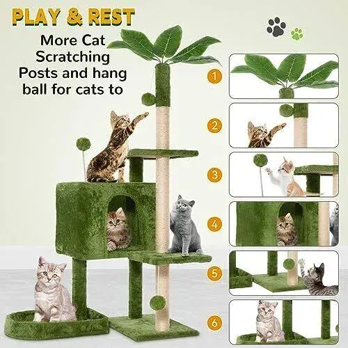  Cat Tree Cat Tower for Indoor Cats with Leaves, Multi-Level Cozy 52&#034; Green