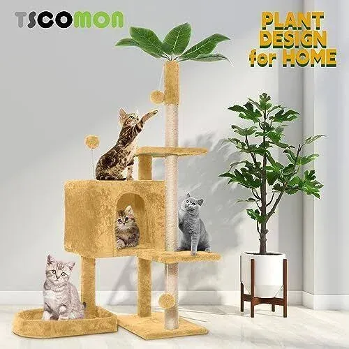 Cat Tree Cat Tower For Indoor Cats With Green Leaves, Multi-level 52"