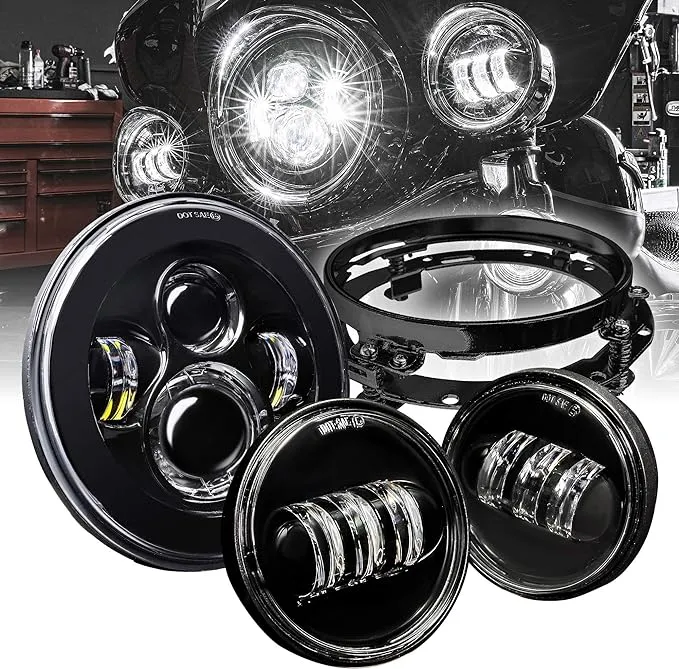 Black 4.5 inch Passing Light + 7 inch Cree LED Headlight w/ Bracket for Harley ...