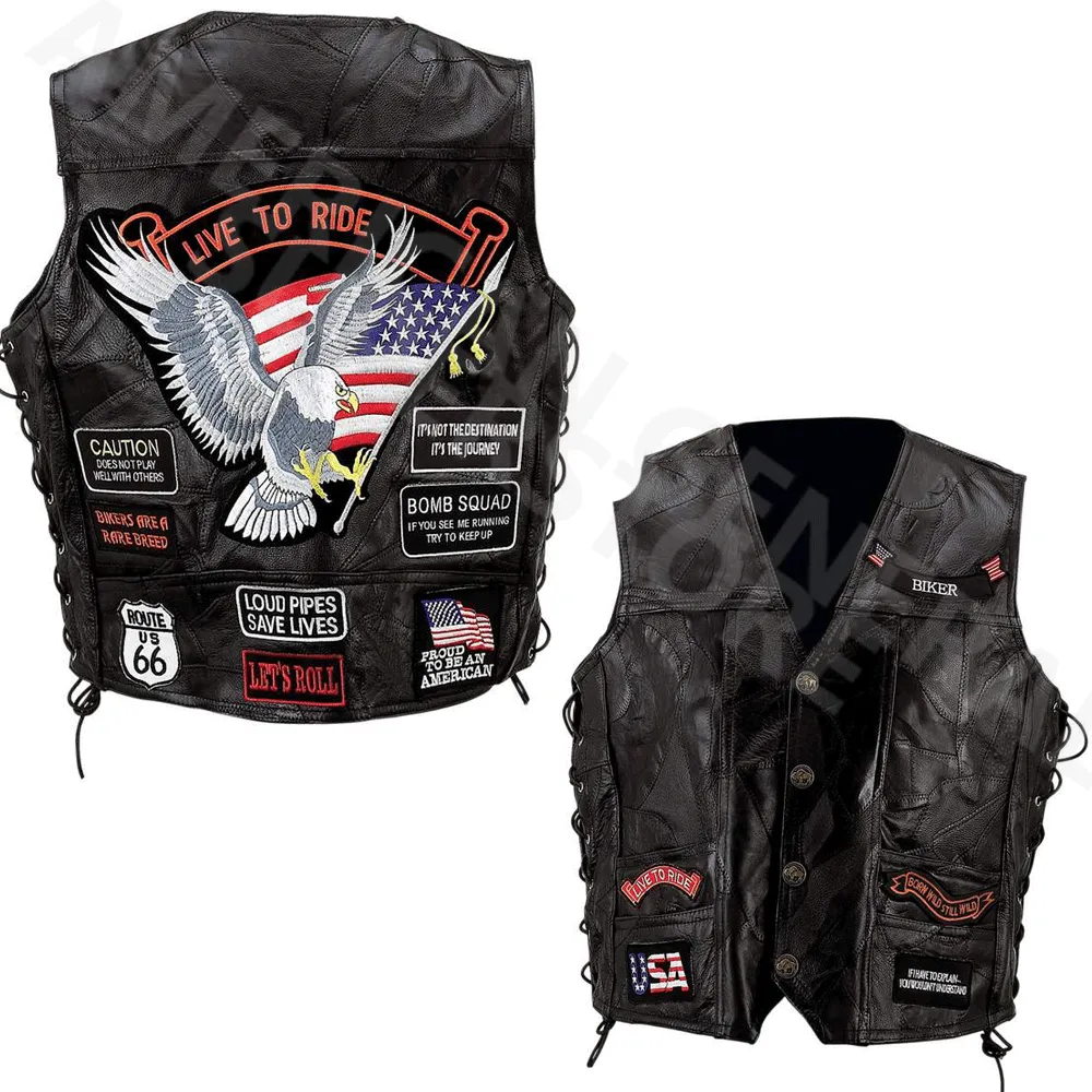 Diamond Plate Black Leather Mens Waistcoat Motorcycle Vest with 14 Biker Style Patches Eagle - Black - Leather - XL