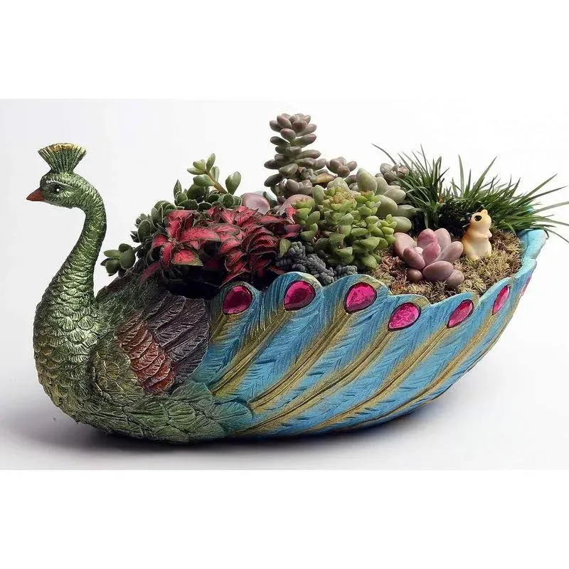 Succulents Planter Plants Pot Handmade 9.4 Inch Peacock Pot Resin Base Large