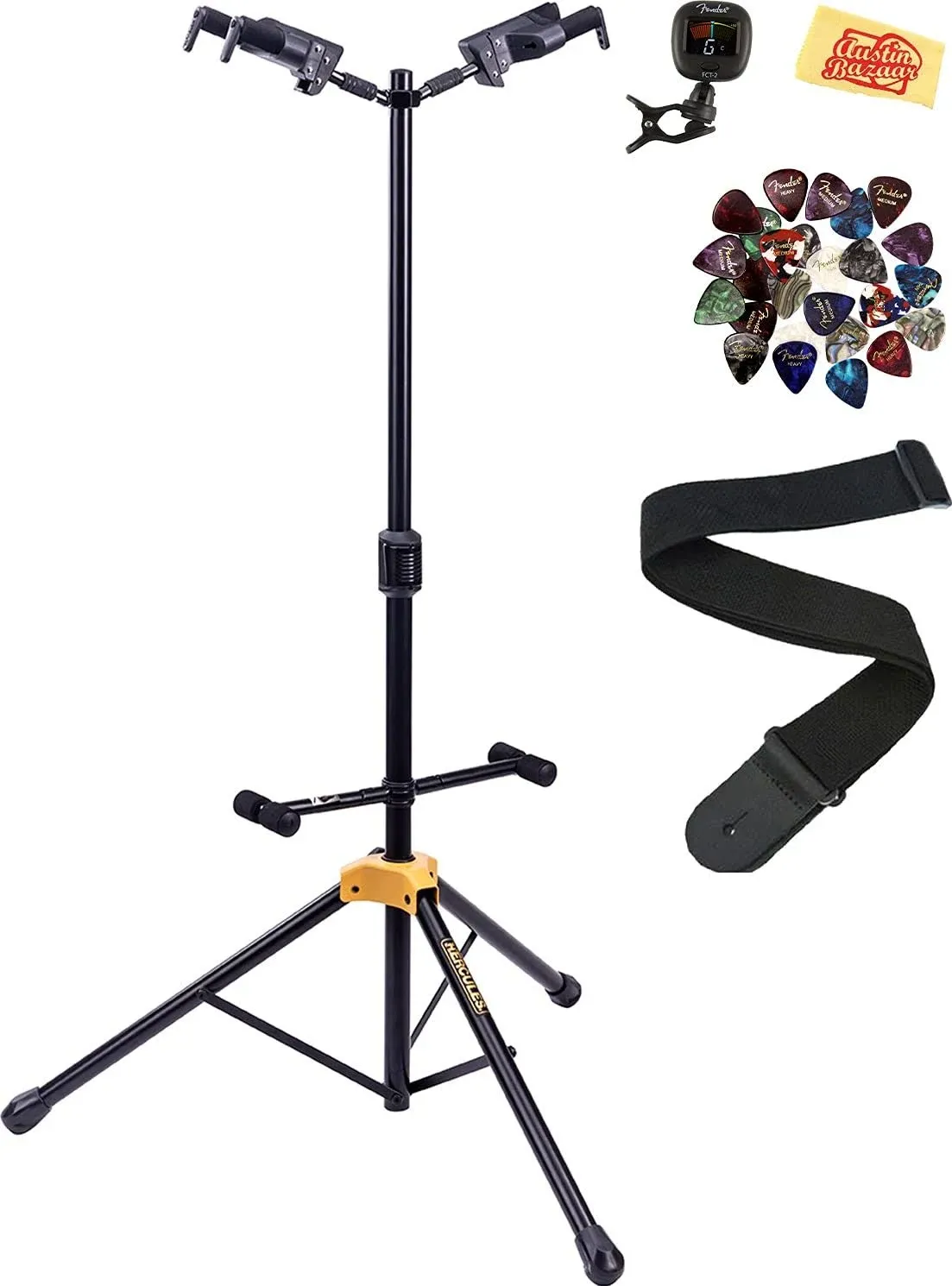 Hercules GS422B Plus Auto Grip Double Guitar Stand, Foldable Backrest w/ Tuner