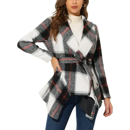 Allegra K Women s Turn Down Collar Asymmetric Hem Plaids Thin Wrap Coat