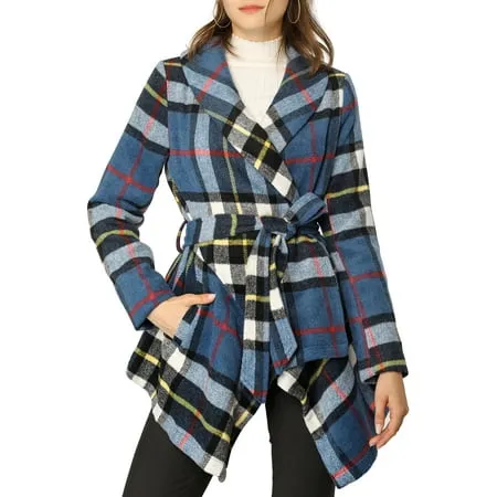 Allegra K Women's Turn Down Collar Asymmetric Hem Thin Plaids Wrap Coat