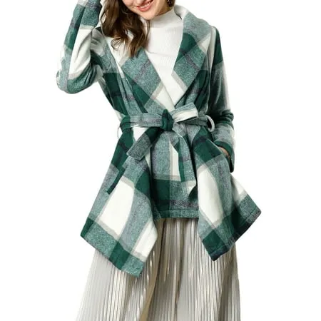 Allegra K Women s Turn Down Collar Asymmetric Hem Plaids Thin Wrap Coat