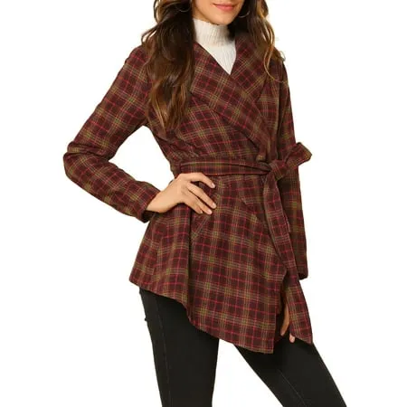 Allegra K Women s Turn Down Collar Asymmetric Hem Plaids Thin Wrap Coat