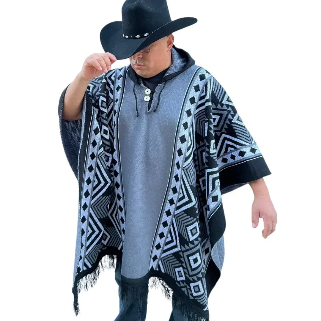 Wool Poncho with Hooded Wester style , Cowboy Poncho , Sarape Mexican Poncho Original Warm and Soft GRAY COLOR