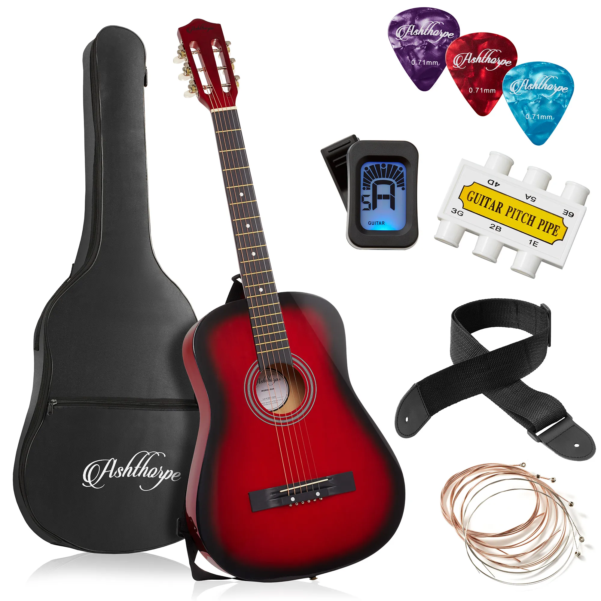 Ashthorpe 30-Inch Beginner Acoustic Guitar Starter Package, Sunburst